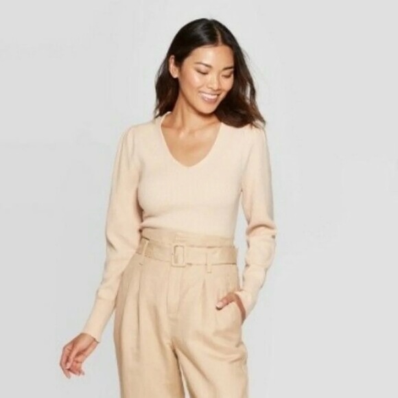 a new day Sweaters - a new day V-Neck Puff Sleeve Sweater